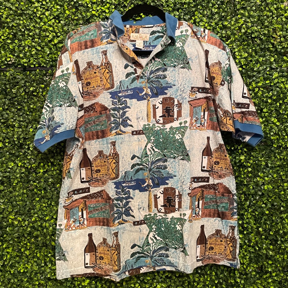 Vintage Kahala Men's Size Medium Cuban Cigars Habana Cafe Hawaiian Polo Shirt M